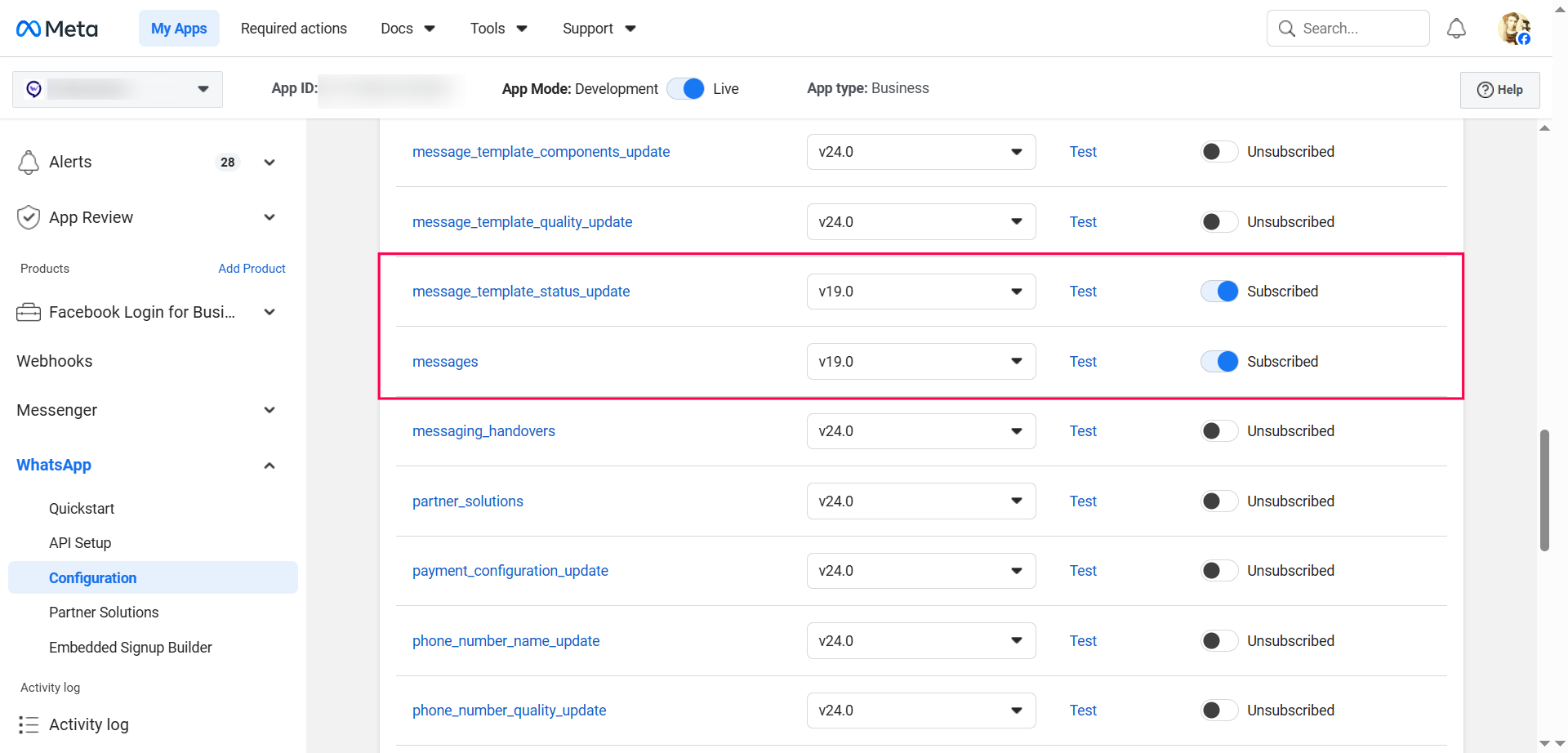WhatsApp Webhook Fields