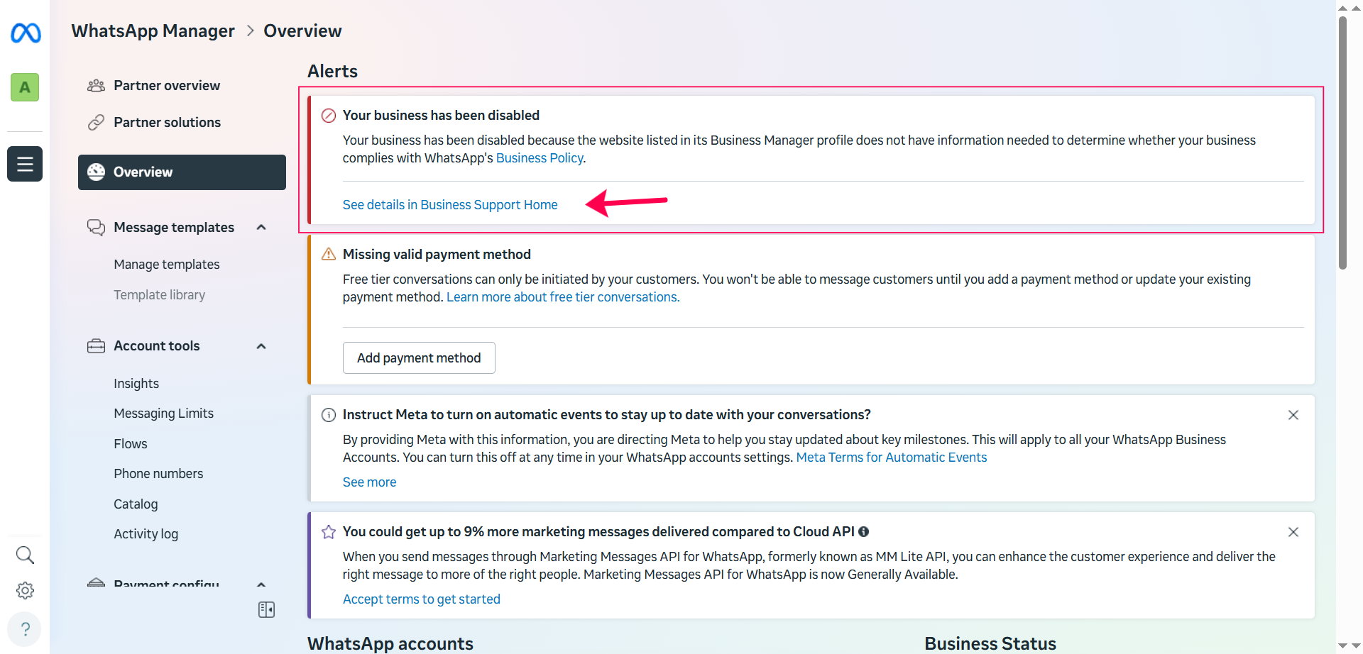 WhatsApp Manager Account Disabled Notice